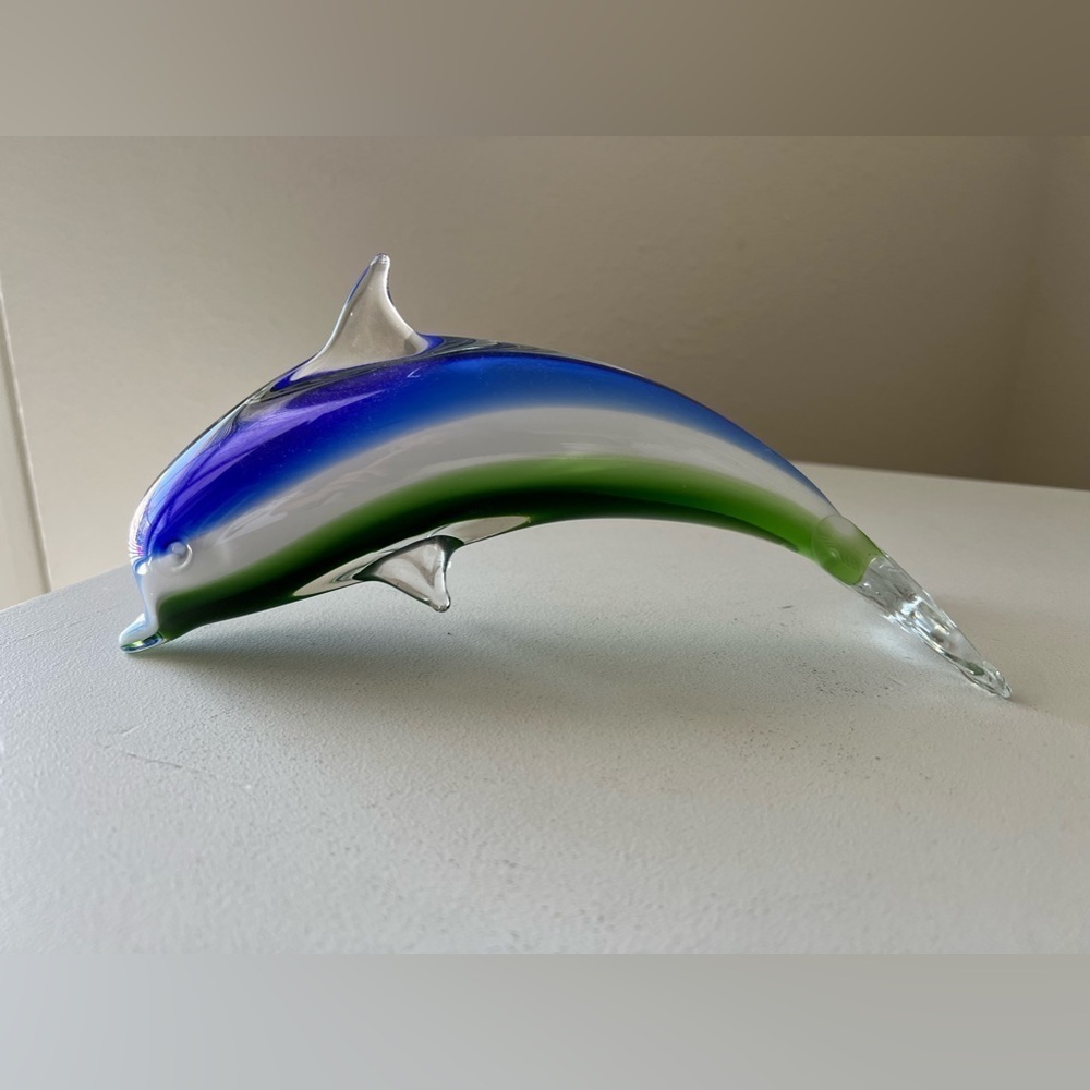Art Glass Dolphin Blue Green Figurine Paperweight 9” Long Collectible